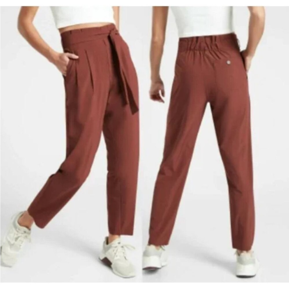 ATHLETA Skyline High Rise Paper Bag Waist Belted Pant Brown Rust Size 8